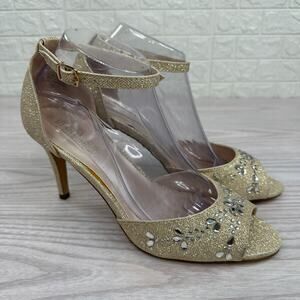 De Blossom Collection Heels Jolie WMNS 9M Gold Metallic Rhinestone Ankle Straps
